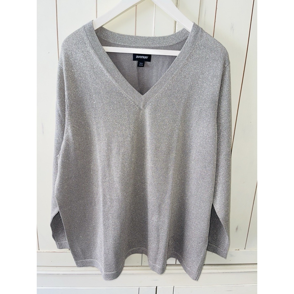 Avenue Silver Metalic Sparkling V Neck  Sweater NWT 22/24 Festive Holiday Party